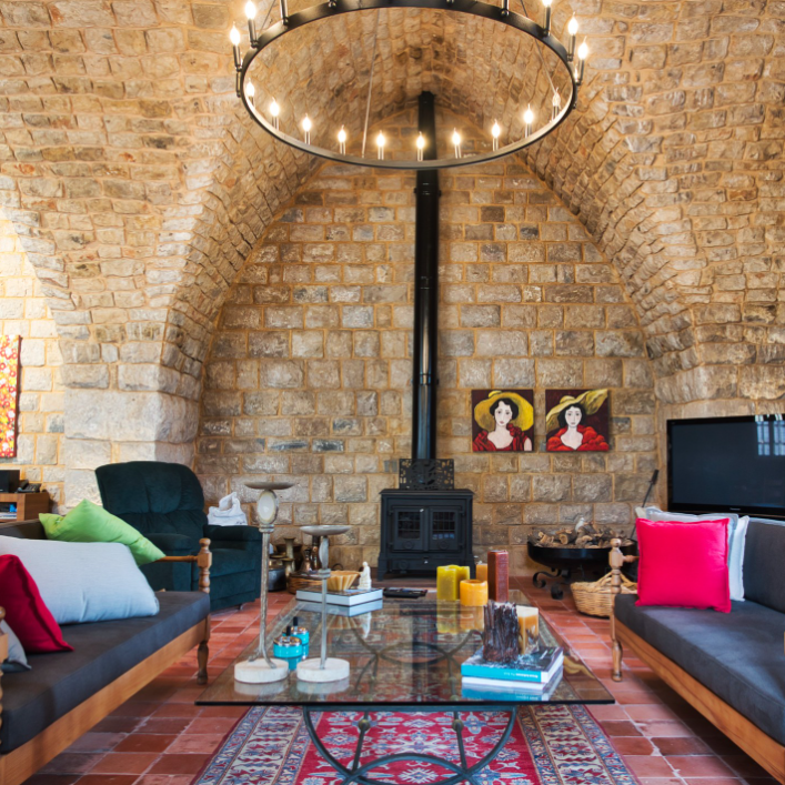 Stunning vaulted stone ceiling salon living room